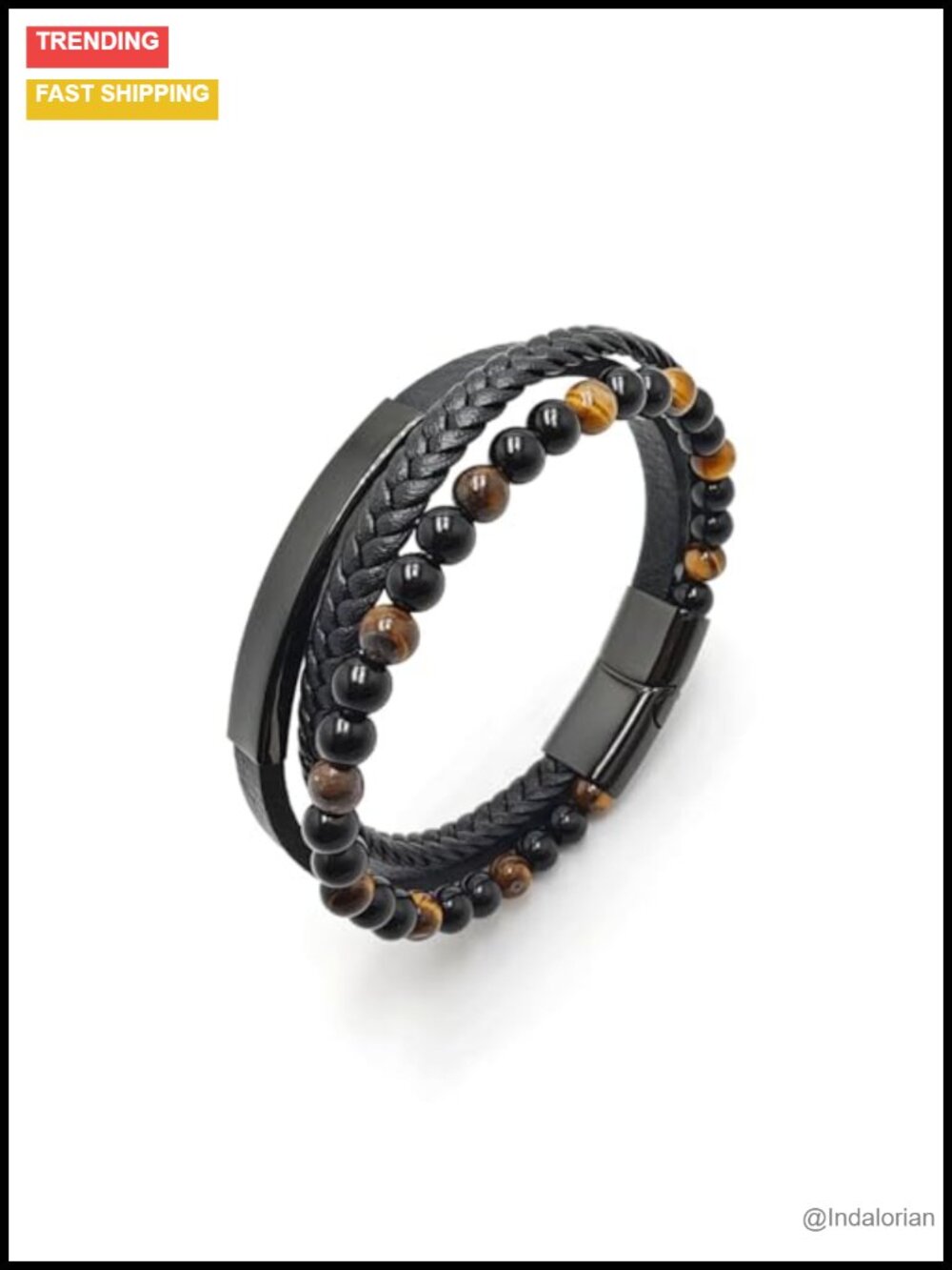 Men's Tiger Eye Black Agate Beaded Bracelet Genuine Leather Adjustable